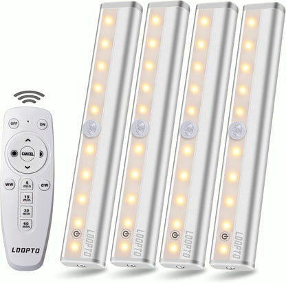 LDOPTO Under Cabinet Kitchen Lights with Remote Dimmable LED Cupboard Battery Powered LED Bedroom Lights with Timer for Kitchen Hallway, Multiple Colors 4 Pack