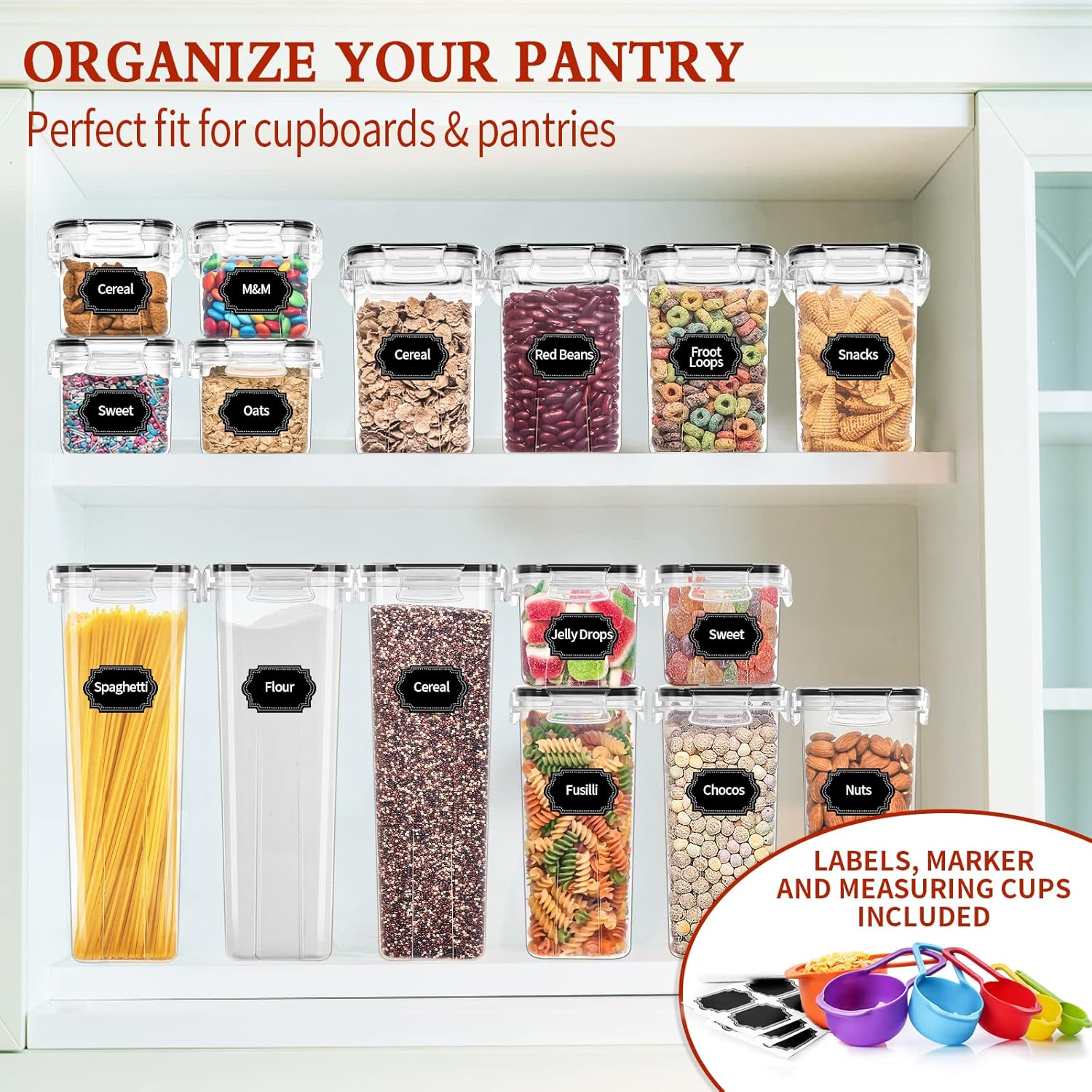 Skroam 24 Pack Airtight Food Storage Containers with Lids for Kitchen Pantry Organization and storage, BPA Free, Plastic Canister Set for Cereal, Pasta, Flour & Sugar - Spoon Set, Labels & Marker