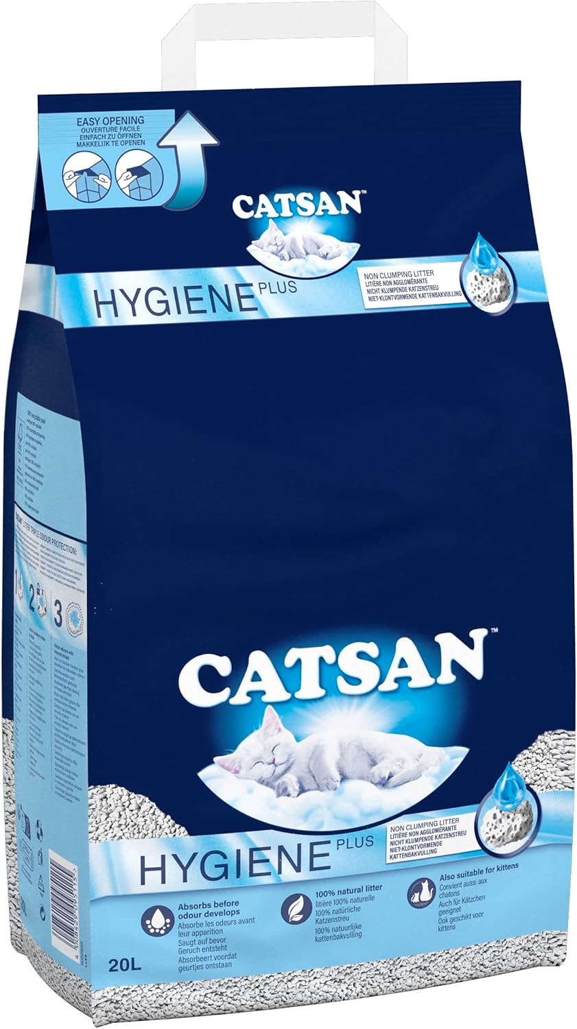 CATSAN - Hygiene Plus Non-Clumping Adult Cat Litter and Kitten Litter - 20L - 100% Natural and Absorbent