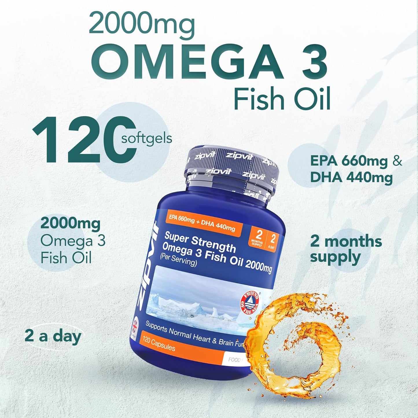 Omega 3 Fish Oil 2000mg, EPA 660mg DHA 440mg per Daily Serving. 120 Capsules (2 Months Supply). Supports Heart, Brain Function and Eye Health. 2 Capsules Per Serving