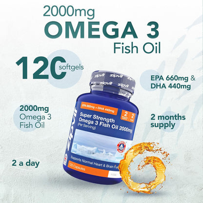 Omega 3 Fish Oil 2000mg, EPA 660mg DHA 440mg per Daily Serving. 120 Capsules (2 Months Supply). Supports Heart, Brain Function and Eye Health. 2 Capsules Per Serving