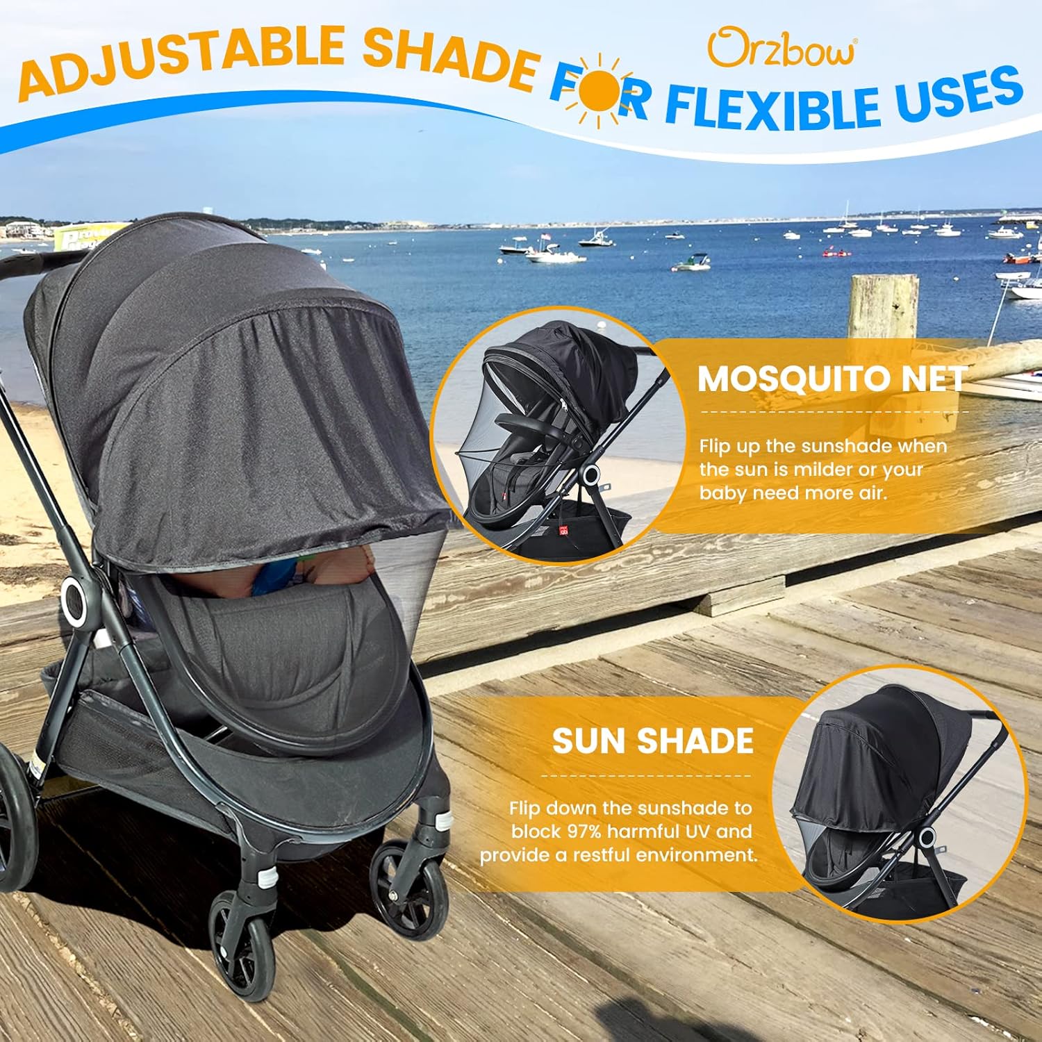 Orzbow Universal Baby Mosquito Net & Buggy Sun Shade with UPF50+,Breathable Pram Net Cover with Two-way Zipper & Adjustable Stroller Sun Cover with Bag for Pushchair,Car Seat & Carrycot (Black)