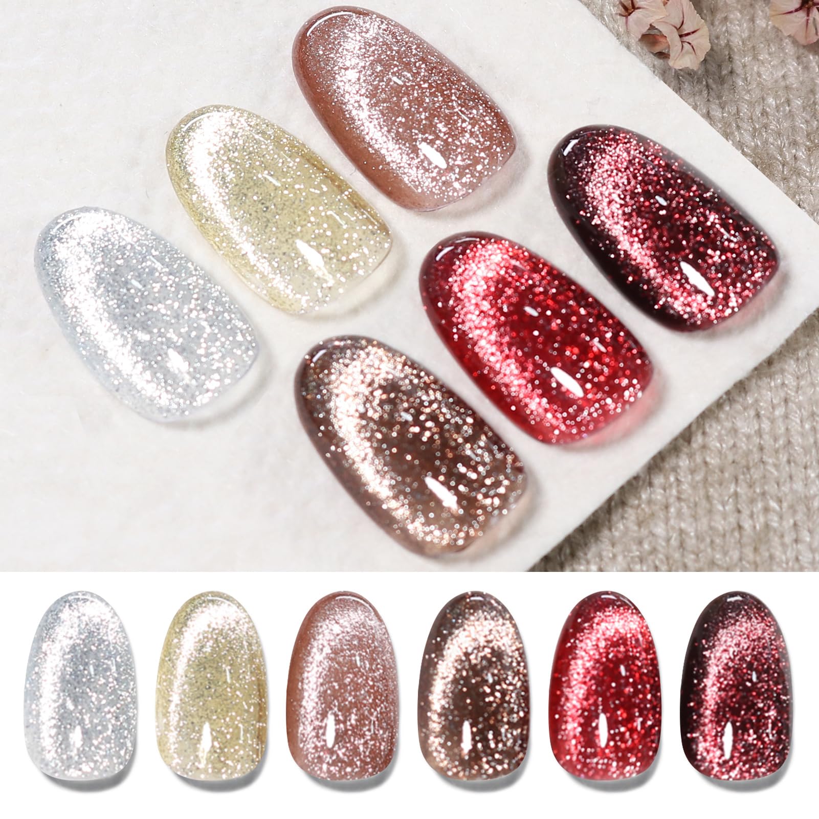 BORN PRETTY 6 Colors Jelly Nude Pink Cat Magnetic Eye Gel Polish Set with Magnet, Soak-Off U V/LED Iridescent Cat Gel for Nail Art Salon DIY Home
