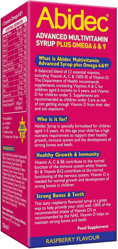 Abidec Kid Multivitamin Syrup – has Vitamin D for Normal Growth and Development of Bones in Children - Blend of 12 Essential Vitamins – Contains Omega 6 & 9 - Suitable for Kids Aged 1-5 - 150ml