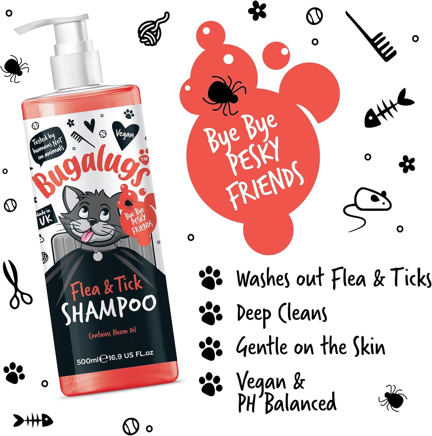 Flea and Tick Cat Shampoo by Bugalugs 500ml, Deep Cleansing for Cats for Fleas, Ticks & Mites contains Neem Oil, PH Balanced Vegan (500ml Flea Shampoo)