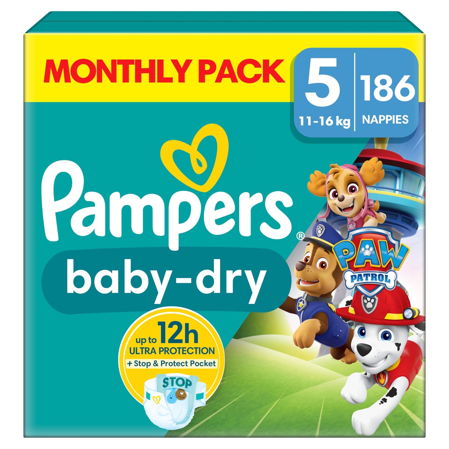 Pampers Baby-Dry Paw Patrol Edition Size 4, 222 Nappies, 9kg - 14kg, Monthly Pack, with A Stop & Protect Pocket to Help Prevent Leaks at The Back