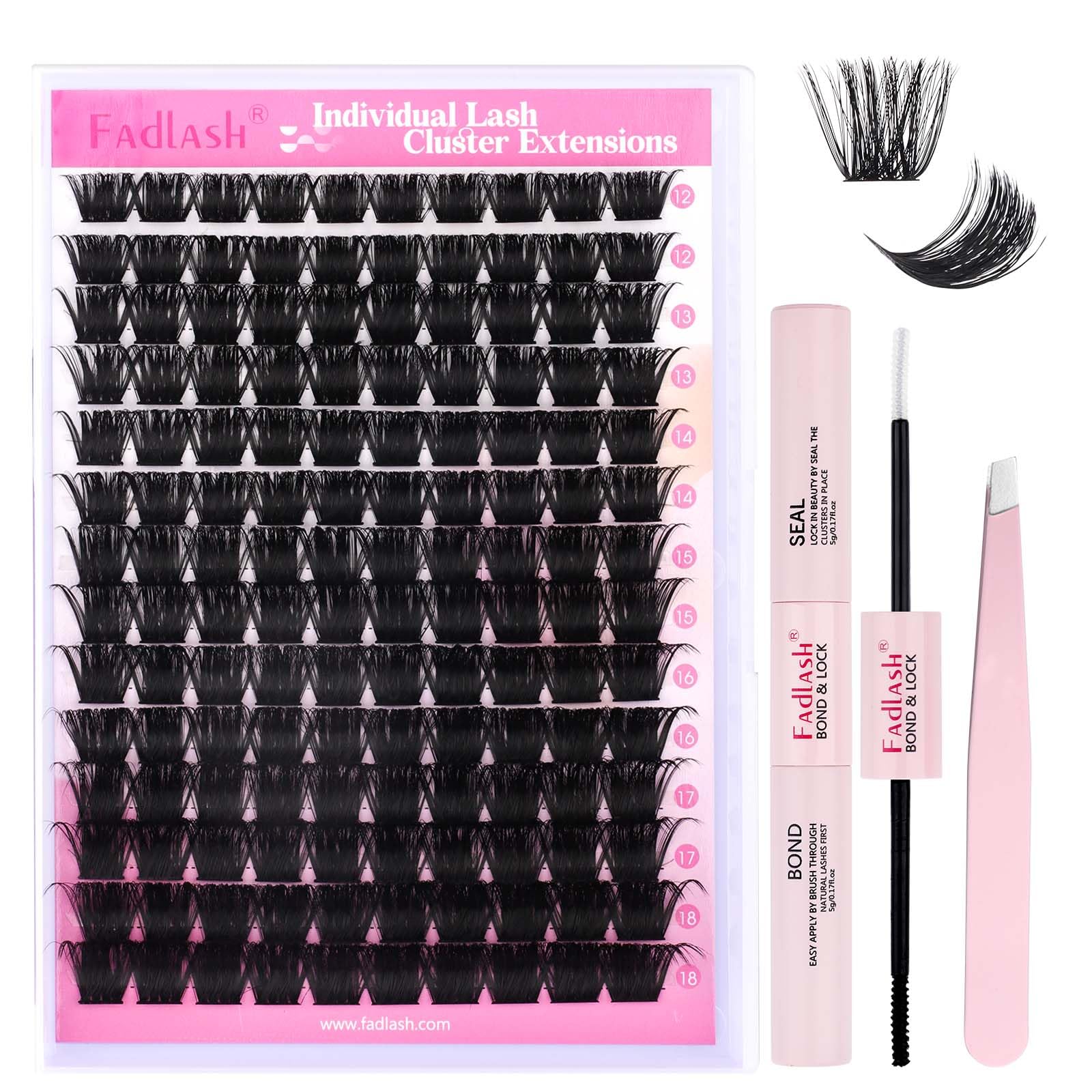 FADLASH DIY Lash Extension Kit Individual Lashes Clusters30P+40P D Curl 8-16mm Lash Bond and Seal, Clusters Lash Glue Remover and Eyelash Tweezers for Eyelash Extensions