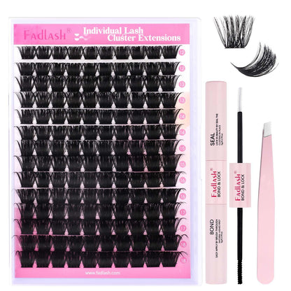 FADLASH DIY Lash Extension Kit Individual Lashes Clusters30P+40P D Curl 8-16mm Lash Bond and Seal, Clusters Lash Glue Remover and Eyelash Tweezers for Eyelash Extensions