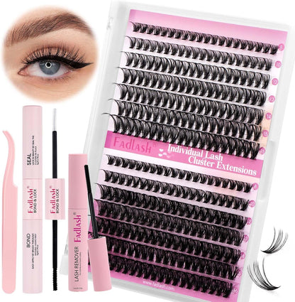 FADLASH DIY Lash Extension Kit Individual Lashes Clusters30P+40P D Curl 8-16mm Lash Bond and Seal, Clusters Lash Glue Remover and Eyelash Tweezers for Eyelash Extensions