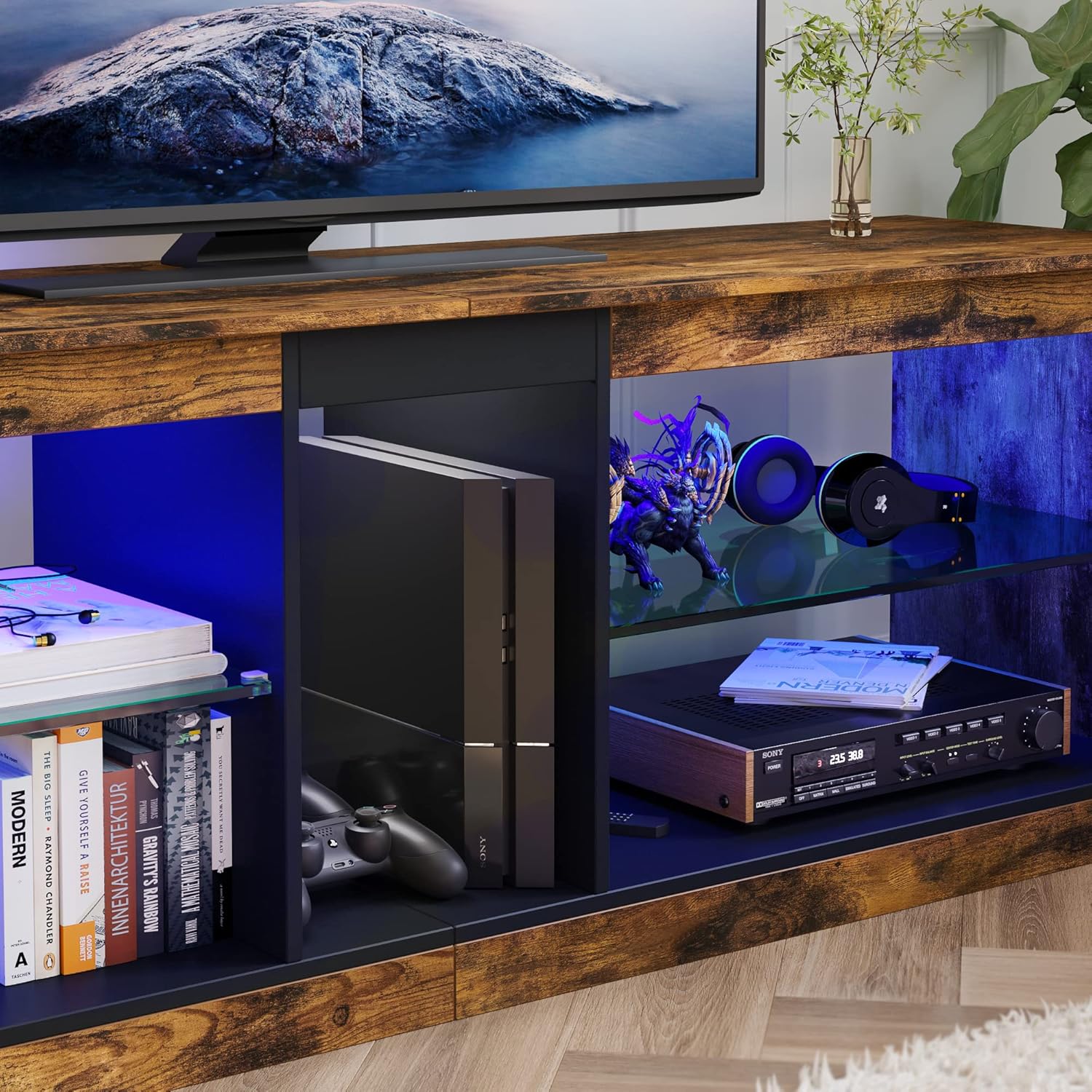 Bestier TV Stand Cabinet 140CM Entertainment Center Led Tv Stand Modern TV Unit with Glass Shelf RGB LED Lighted for 65 inch TVs with Ambient Lights for Living Room Bedroom (Rustic Brown)