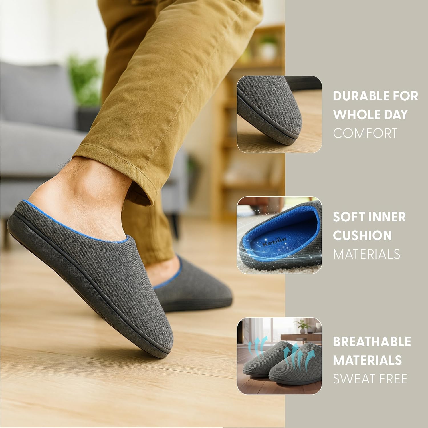KEPLIN Men’s Memory Foam Slippers – Comfortable Indoor House Shoes for Men with Plush Cushioning, Anti-Slip Rubber Soles, Lightweight Design