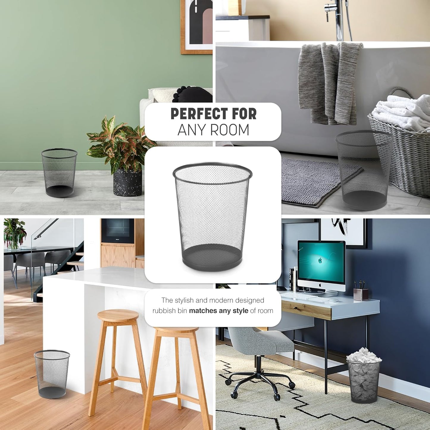 KEPLIN Round Trash Can Bin - 1 Pack Black Non-slip Mesh Bins | Waste Paper Bin | Sturdy Metal Bin Indoor Waste Bin for Home, Bedroom, Office, Bathroom, Living Room, Kitchen