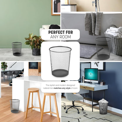 KEPLIN Round Trash Can Bin - 1 Pack Black Non-slip Mesh Bins | Waste Paper Bin | Sturdy Metal Bin Indoor Waste Bin for Home, Bedroom, Office, Bathroom, Living Room, Kitchen