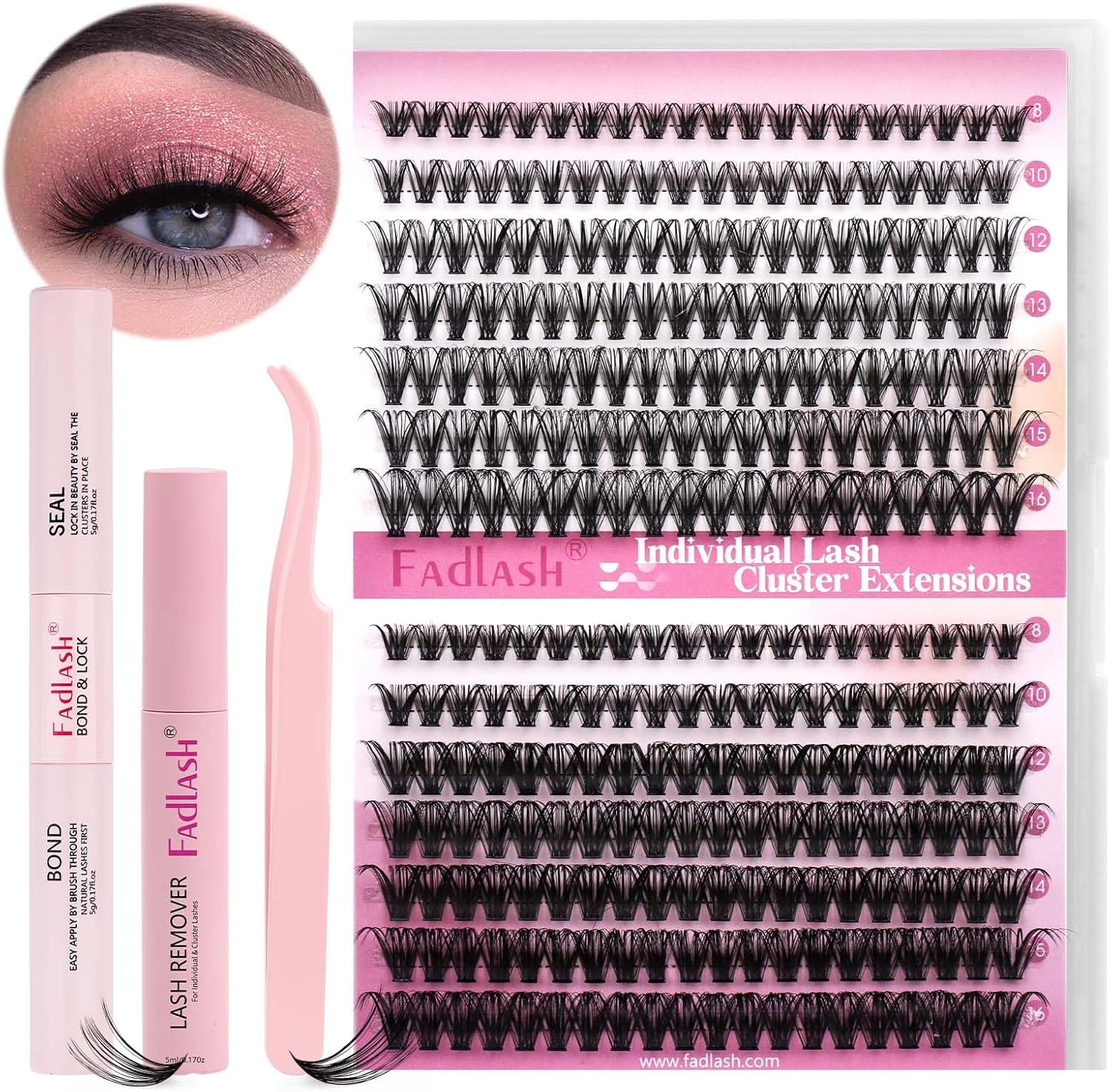 FADLASH DIY Lash Extension Kit Individual Lashes Clusters30P+40P D Curl 8-16mm Lash Bond and Seal, Clusters Lash Glue Remover and Eyelash Tweezers for Eyelash Extensions