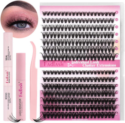 FADLASH DIY Lash Extension Kit Individual Lashes Clusters30P+40P D Curl 8-16mm Lash Bond and Seal, Clusters Lash Glue Remover and Eyelash Tweezers for Eyelash Extensions
