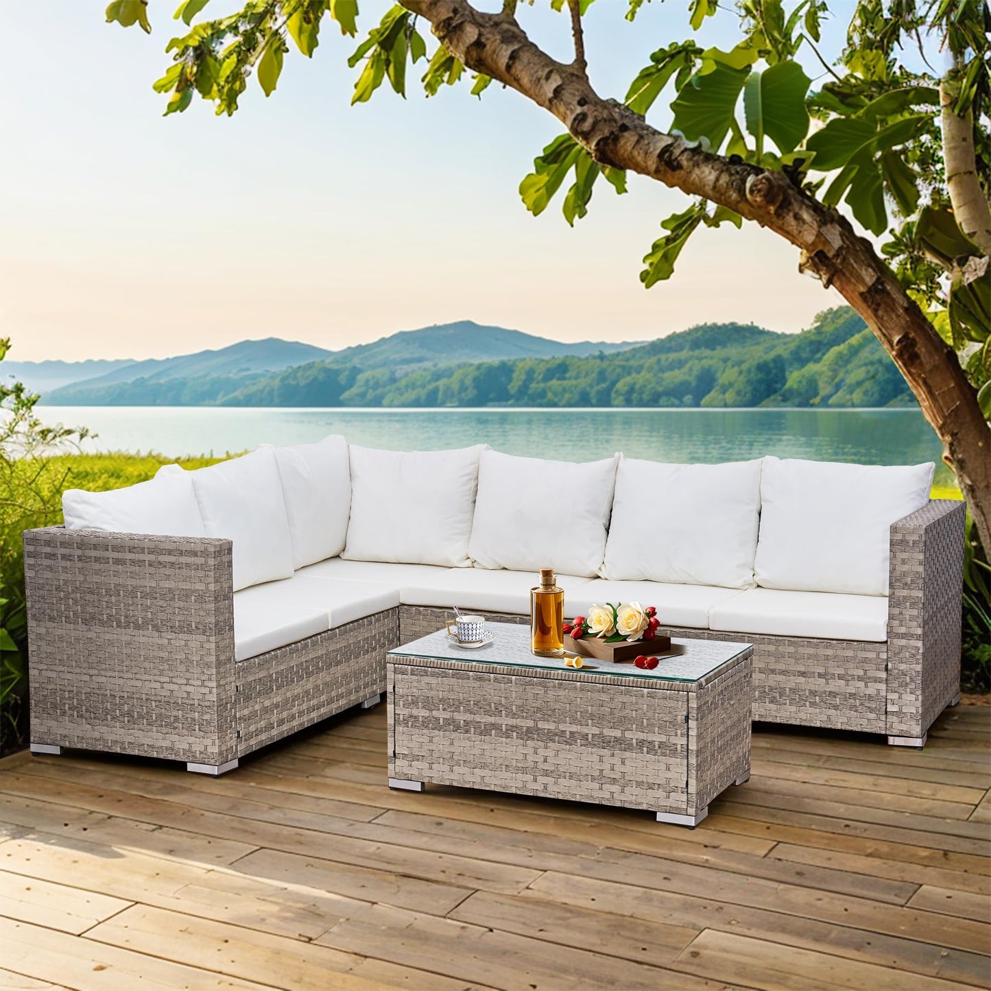 Aweather 6 Seater Rattan Corner Sofa Set Rattan Garden Furniture Set All-Weather PE Rattan Wicker Patio Conversation Set with Modern Glass Coffee Table and Washable Cushions (Gray)