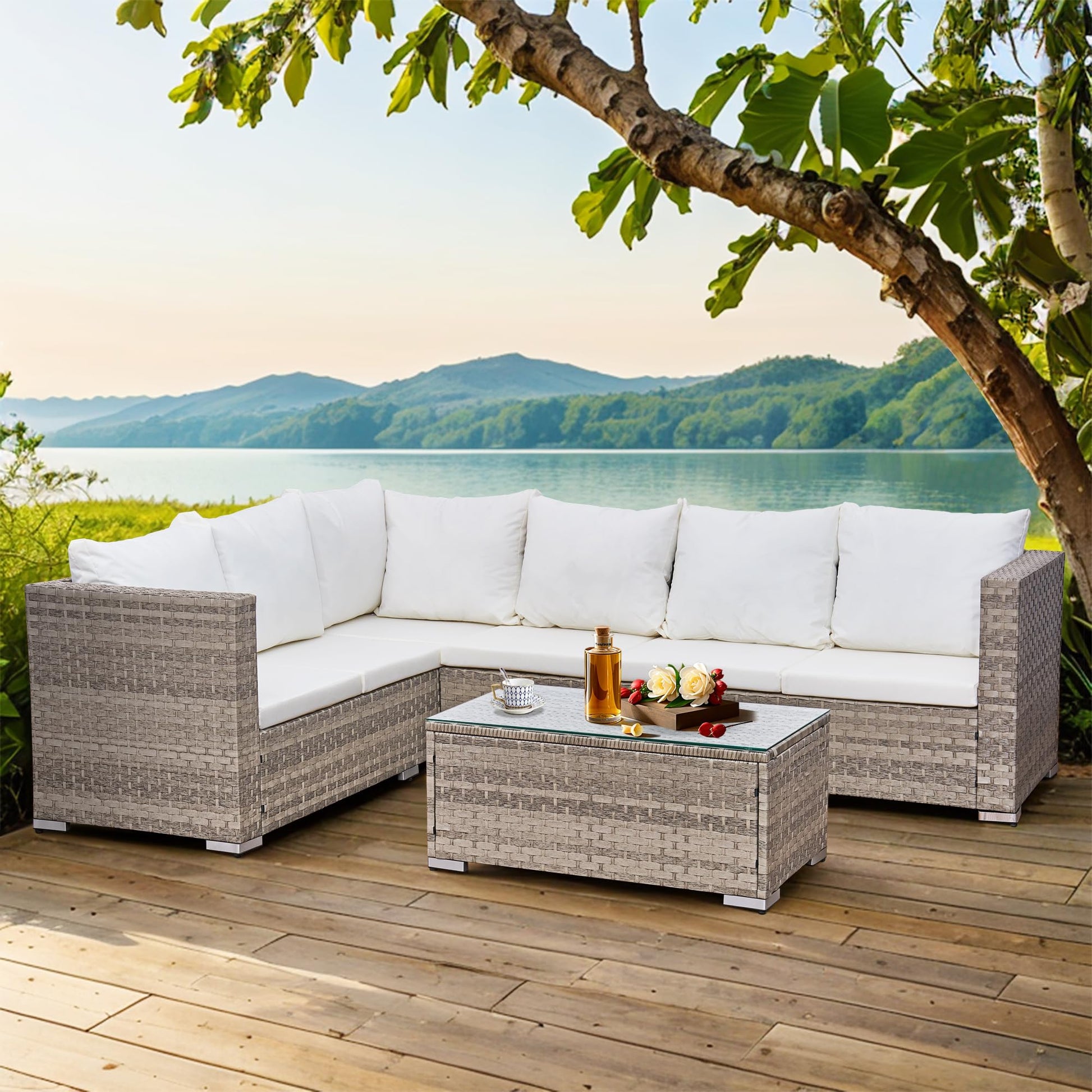Aweather 6 Seater Rattan Corner Sofa Set Rattan Garden Furniture Set All-Weather PE Rattan Wicker Patio Conversation Set with Modern Glass Coffee Table and Washable Cushions (Gray)