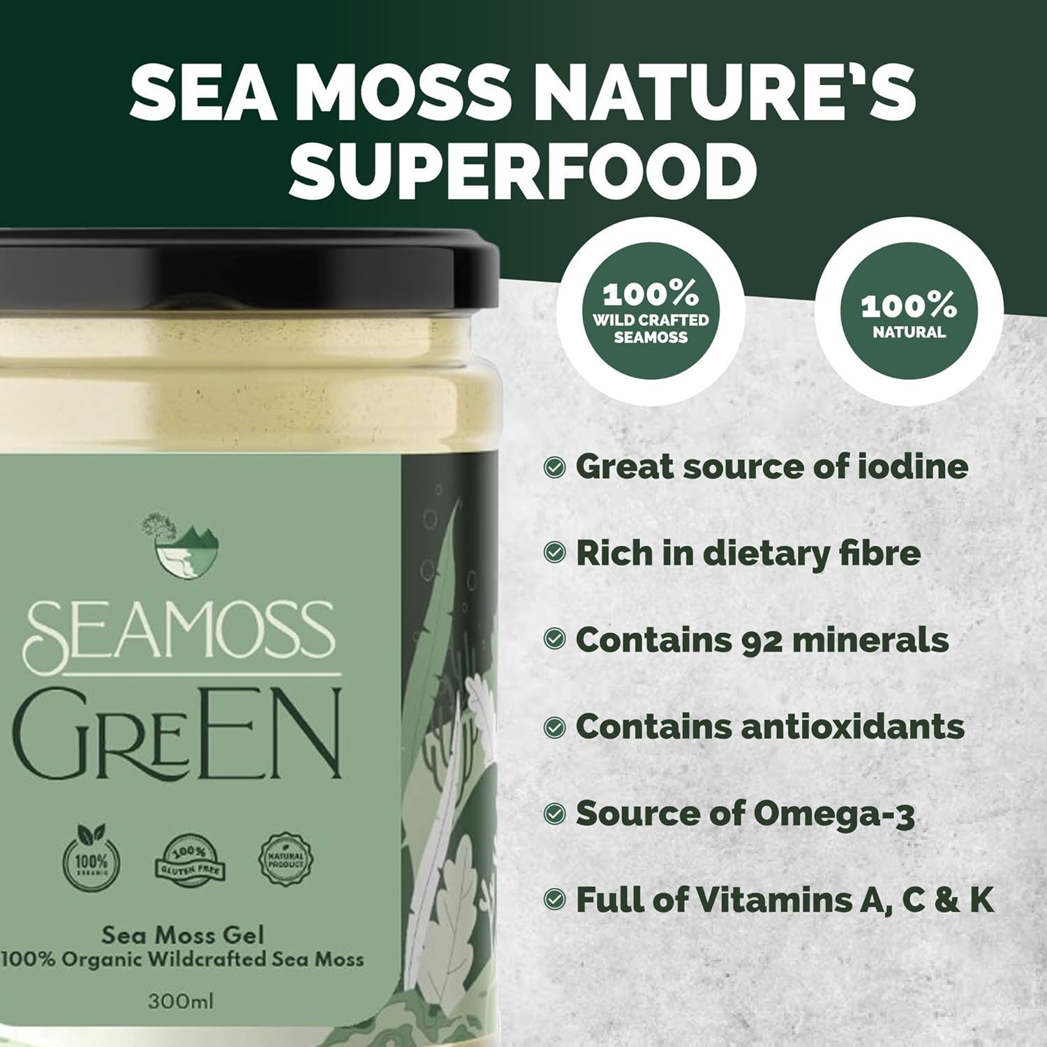 Sea Moss Gel by Seamoss Green. All-Natural Sea Moss Gel | 100% Wildcrafted Dr Sebi Sea Moss | Superfood Rich in Minerals, Proteins & Vitamins - Vegan & Gluten Free Sourced from St Lucia Organic