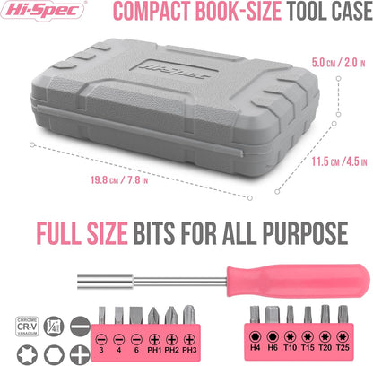 Hi-Spec Pink Small Tool Kit for Home DIY, Repairs & Crafts – 24pc Lady Tool Set with Mini Hammer, Pliers, Screwdriver Set, Hex Keys & Tape Measure in Compact Tool Box Case – Gift for Women