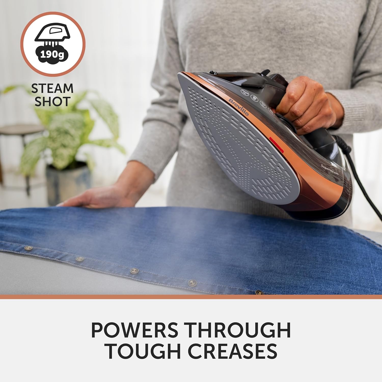 Breville SuperSteam Steam Iron | 2600 W | 190g/min Steam Shot | Smooth Ceramic Soleplate | 300 ml Water Tank | 2m Cord with 360° Action | Black & Copper | VIN442
