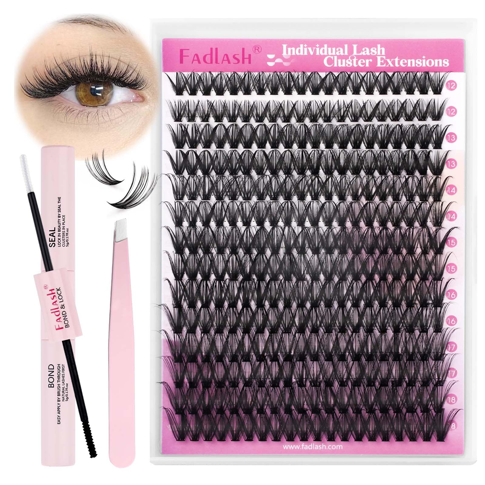 FADLASH DIY Lash Extension Kit Individual Lashes Clusters30P+40P D Curl 8-16mm Lash Bond and Seal, Clusters Lash Glue Remover and Eyelash Tweezers for Eyelash Extensions