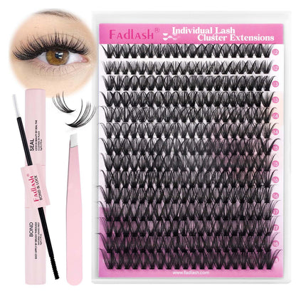 FADLASH DIY Lash Extension Kit Individual Lashes Clusters30P+40P D Curl 8-16mm Lash Bond and Seal, Clusters Lash Glue Remover and Eyelash Tweezers for Eyelash Extensions