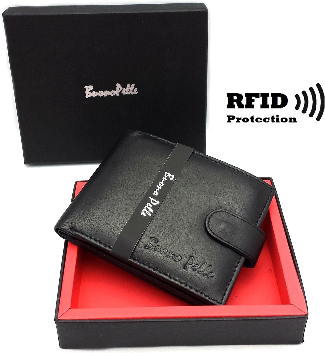 Wallets Mens Slim RFID Blocking Genuine Leather with Zip Coin Pocket, Banknote Compartments, Card Holders Pouch ID Window. Wallet for Men with Gift Box (Jet Black)