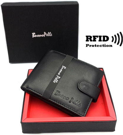 Wallets Mens Slim RFID Blocking Genuine Leather with Zip Coin Pocket, Banknote Compartments, Card Holders Pouch ID Window. Wallet for Men with Gift Box (Jet Black)