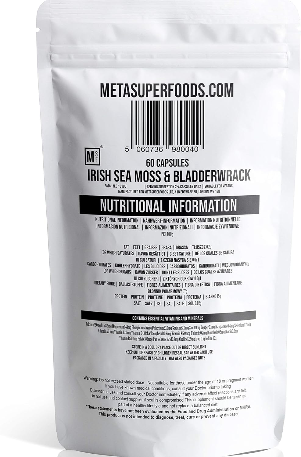 Sea Moss and Bladderwrack 60 Capsules (3600mg) High Strength Sea Moss | Vegan | Non GMO | No Binders No Fillers No Additives | Dr Sebi Irish Sea Moss