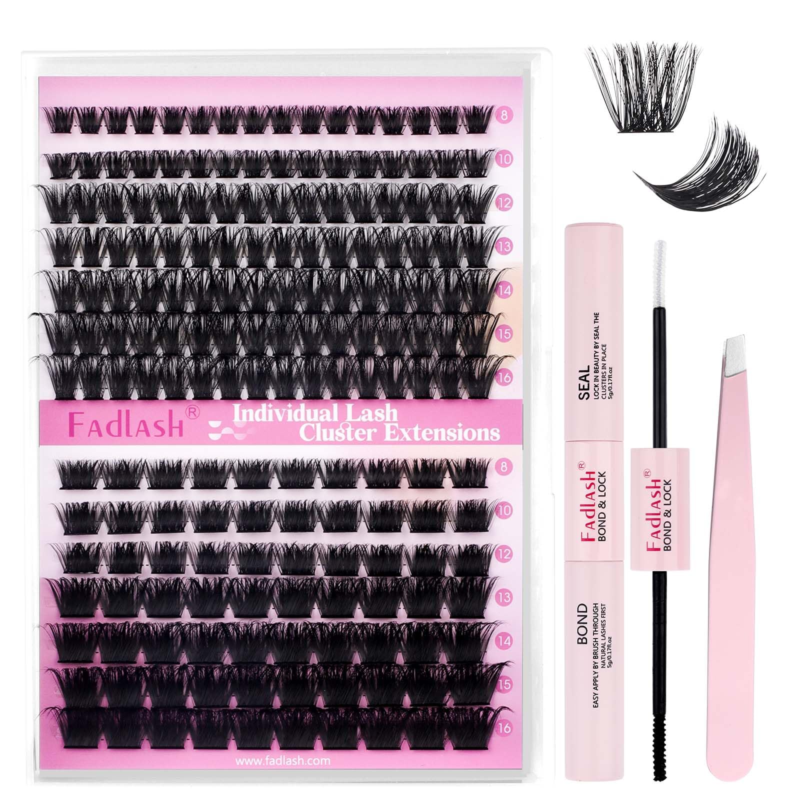 FADLASH DIY Lash Extension Kit Individual Lashes Clusters30P+40P D Curl 8-16mm Lash Bond and Seal, Clusters Lash Glue Remover and Eyelash Tweezers for Eyelash Extensions