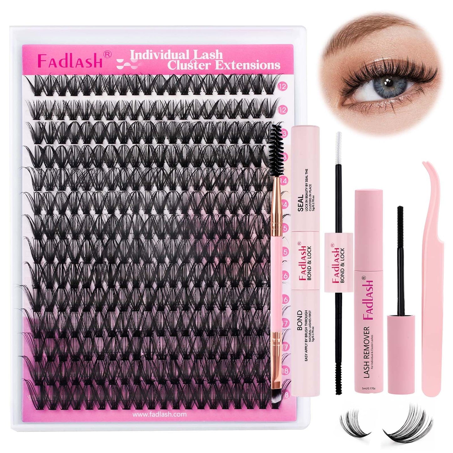 FADLASH DIY Lash Extension Kit Individual Lashes Clusters30P+40P D Curl 8-16mm Lash Bond and Seal, Clusters Lash Glue Remover and Eyelash Tweezers for Eyelash Extensions