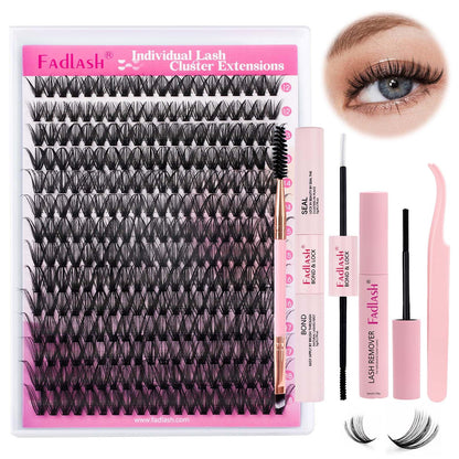 FADLASH DIY Lash Extension Kit Individual Lashes Clusters30P+40P D Curl 8-16mm Lash Bond and Seal, Clusters Lash Glue Remover and Eyelash Tweezers for Eyelash Extensions