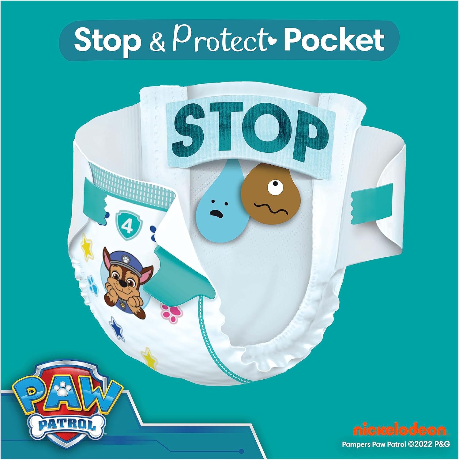 Pampers Baby-Dry Paw Patrol Edition Size 4, 222 Nappies, 9kg - 14kg, Monthly Pack, with A Stop & Protect Pocket to Help Prevent Leaks at The Back