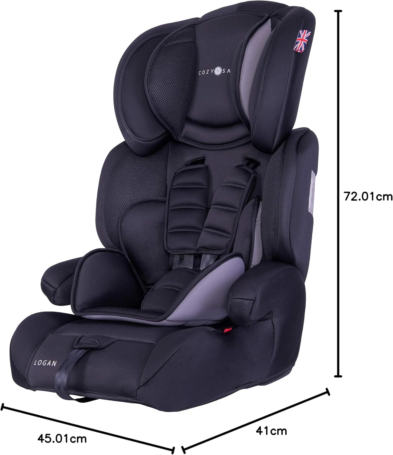 Cozy N Safe Logan Group 1/2/3 Car Seat 9-36kg, 9 Months to 12 Years, 5 Point Harness, Forward Facing, Side Impact Protection, Adjustable Headrest, Lightweight, Child, Toddler Car Seat - Black/Grey