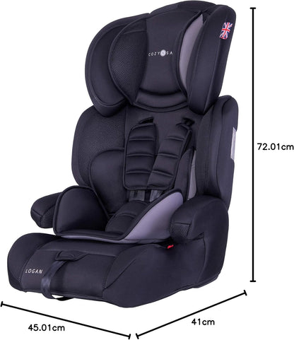 Cozy N Safe Logan Group 1/2/3 Car Seat 9-36kg, 9 Months to 12 Years, 5 Point Harness, Forward Facing, Side Impact Protection, Adjustable Headrest, Lightweight, Child, Toddler Car Seat - Black/Grey