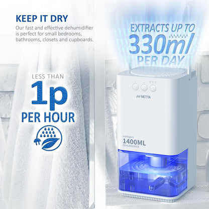NETTA Dehumidifiers for Home Damp 1400ml Dehumidifier with Ultra Quiet & Auto Shut off 3 Colorful LED, 24Hr Timer Portable Mini Dehumidifier for Wardrobe Bathroom Closet - White