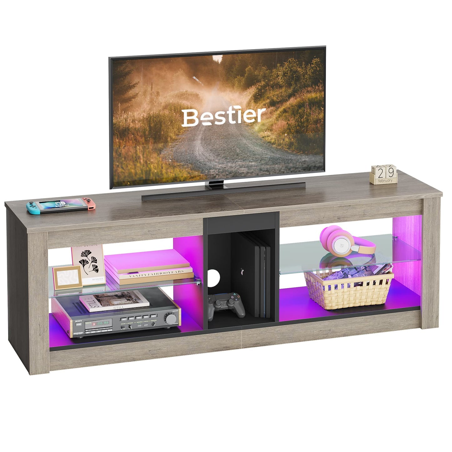 Bestier TV Stand Cabinet 140CM Entertainment Center Led Tv Stand Modern TV Unit with Glass Shelf RGB LED Lighted for 65 inch TVs with Ambient Lights for Living Room Bedroom (Rustic Brown)