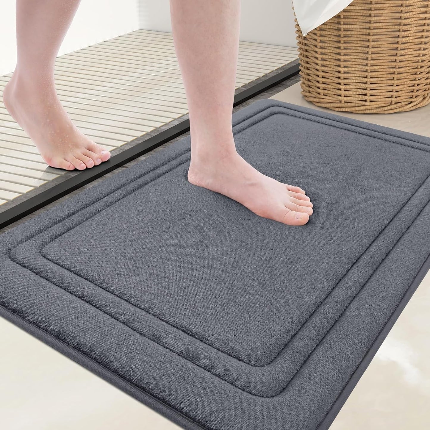 smiry Memory Foam Bath Mat - 40 x 60cm, Non-Slip, Super Absorbent, Comfortable - Machine-Washable Floor Rug, Dark Grey