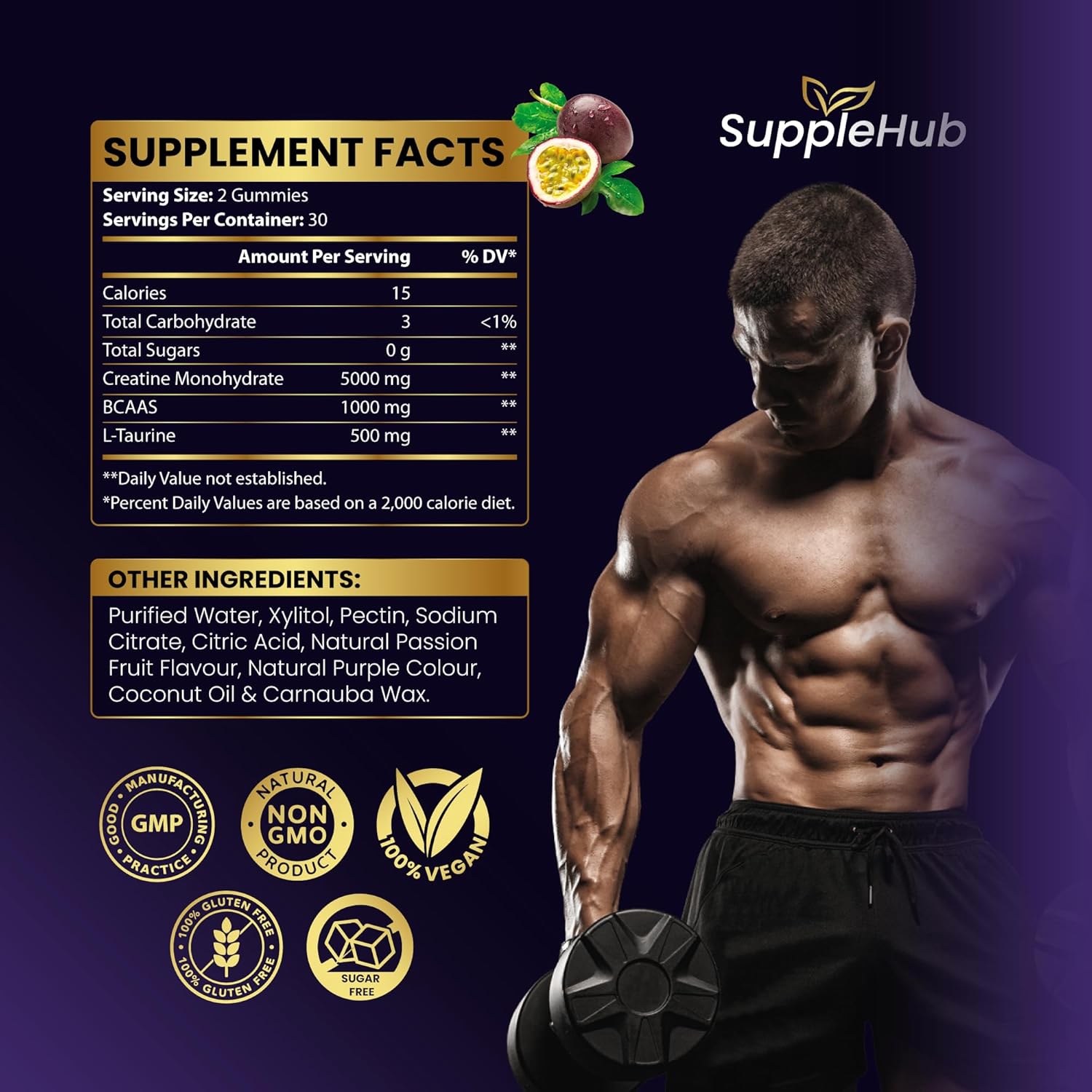 Creatine Gummies 5000mg - Creatine Monohydrate with BCAA & L-Taurine (90 Gummies), Vegan, Sugar Free, Gym Supplement, PassionFruit Flavour