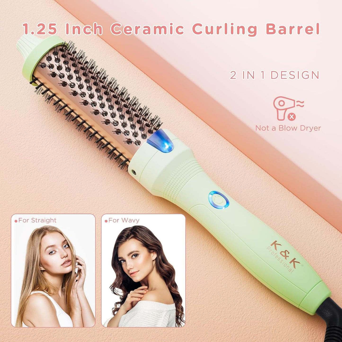 K&K Curling Iron with Tourmaline Ceramic Barrel, 32 mm Heated Round Brush, Professional 1.25 Inch Hair Curler up to 180°C Dual Voltage for Traveling, Hair Waving Style Tool, Ionic Thermal Brush