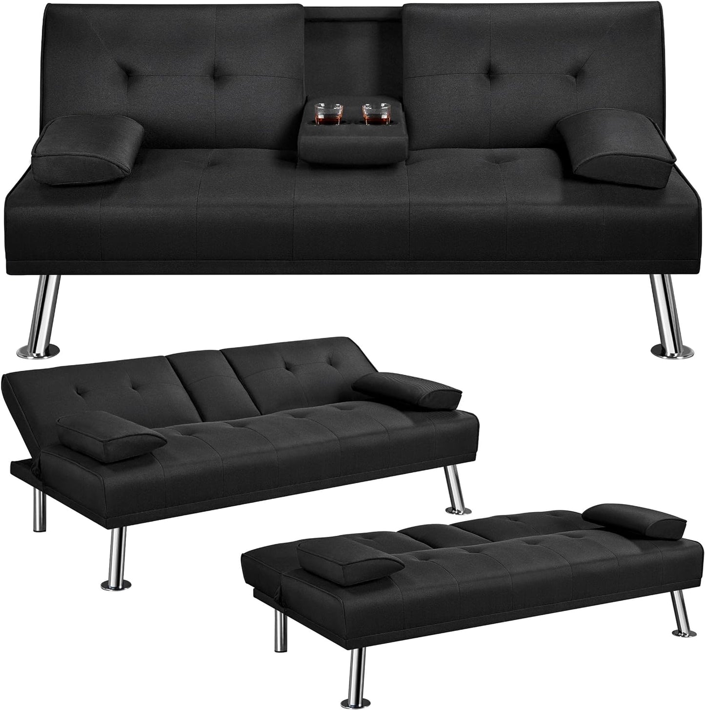 Yaheetech Sofa Bed Fabric Click Clack Sofa Bed with 2 Cup Holders, Convertible Futon Settee, Futon Recliner Lounge for Living Room, Spare Room, Bedroom, Black