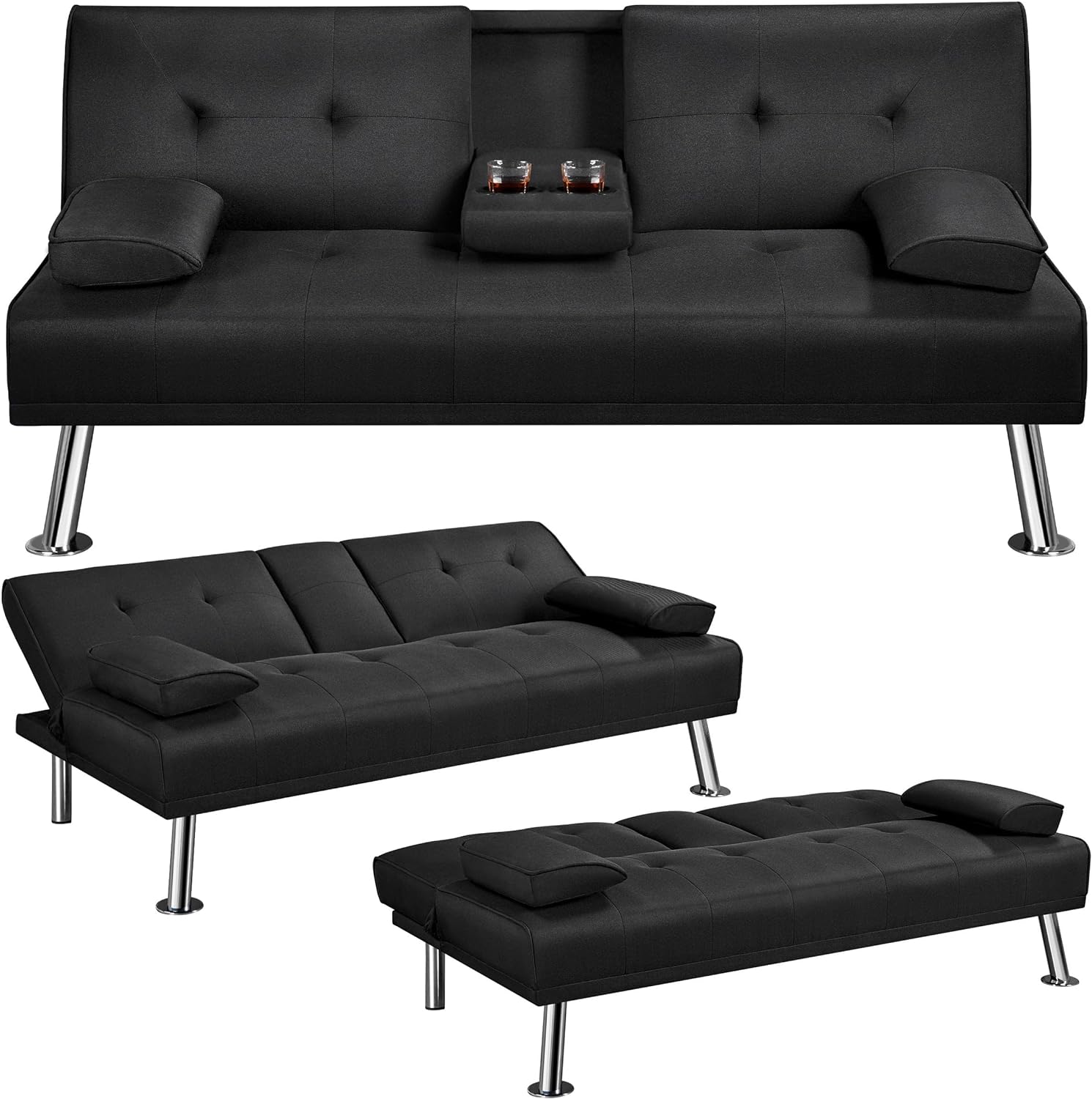 Yaheetech Sofa Bed Fabric Click Clack Sofa Bed with 2 Cup Holders, Convertible Futon Settee, Futon Recliner Lounge for Living Room, Spare Room, Bedroom, Black