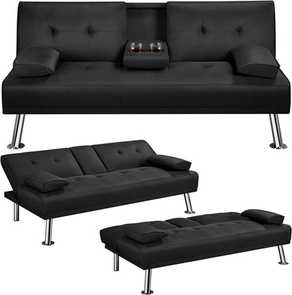 Yaheetech Sofa Bed Fabric Click Clack Sofa Bed with 2 Cup Holders, Convertible Futon Settee, Futon Recliner Lounge for Living Room, Spare Room, Bedroom, Black
