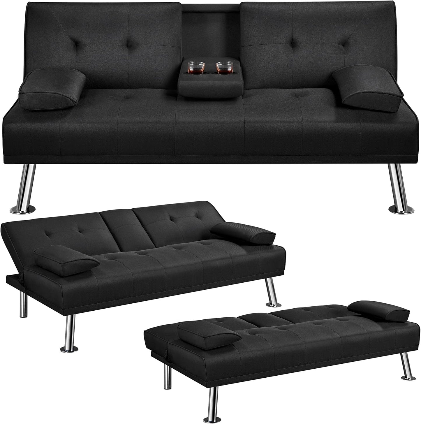 Yaheetech Sofa Bed Fabric Click Clack Sofa Bed with 2 Cup Holders, Convertible Futon Settee, Futon Recliner Lounge for Living Room, Spare Room, Bedroom, Black