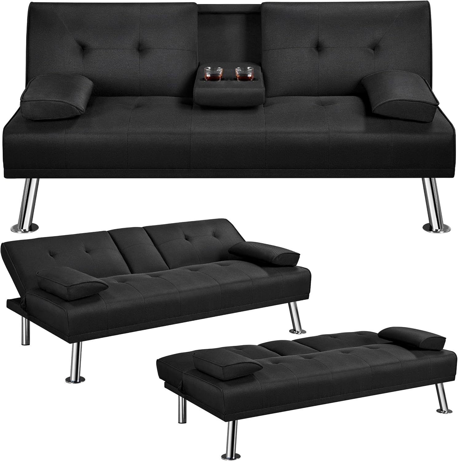 Yaheetech Sofa Bed Fabric Click Clack Sofa Bed with 2 Cup Holders, Convertible Futon Settee, Futon Recliner Lounge for Living Room, Spare Room, Bedroom, Black