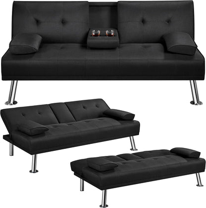 Yaheetech Sofa Bed Fabric Click Clack Sofa Bed with 2 Cup Holders, Convertible Futon Settee, Futon Recliner Lounge for Living Room, Spare Room, Bedroom, Black