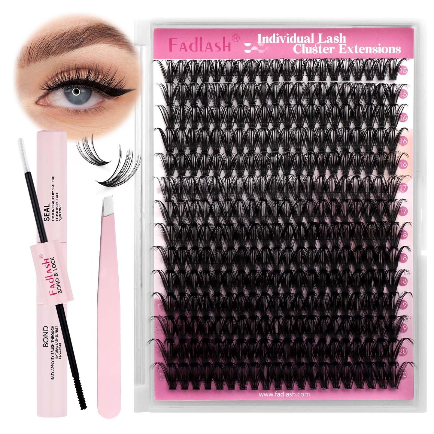 FADLASH DIY Lash Extension Kit Individual Lashes Clusters30P+40P D Curl 8-16mm Lash Bond and Seal, Clusters Lash Glue Remover and Eyelash Tweezers for Eyelash Extensions