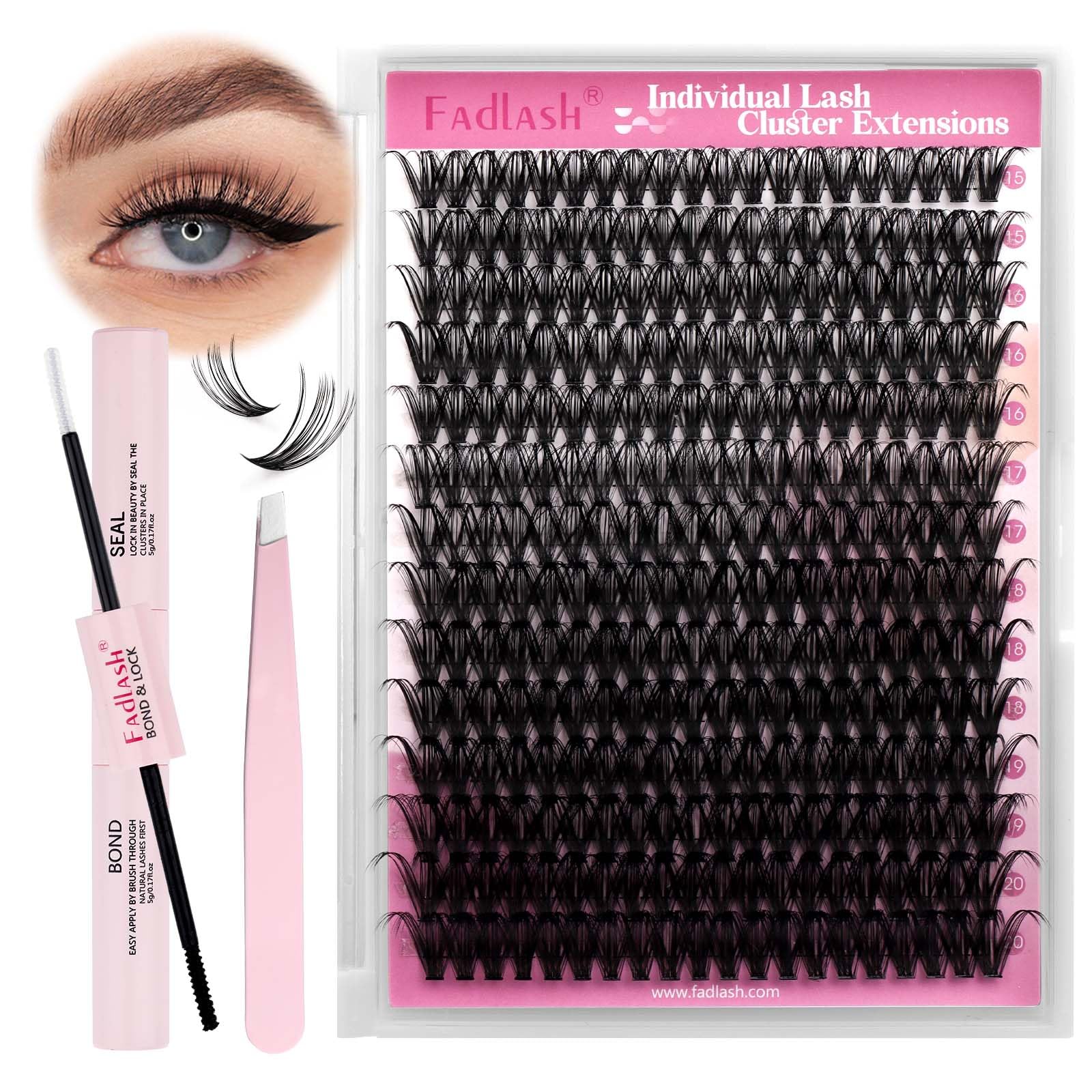 FADLASH DIY Lash Extension Kit Individual Lashes Clusters30P+40P D Curl 8-16mm Lash Bond and Seal, Clusters Lash Glue Remover and Eyelash Tweezers for Eyelash Extensions