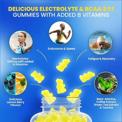 ONYX NUTRA Electrolytes Gummies 400mg with BCAAs & B Vitamins for Hydration + Beta-Alanine, Taurine, Green Tea & Coffee Extract - Zero Sugar - 120 Vegan Gummys, 60 Servings (120 Gummies)