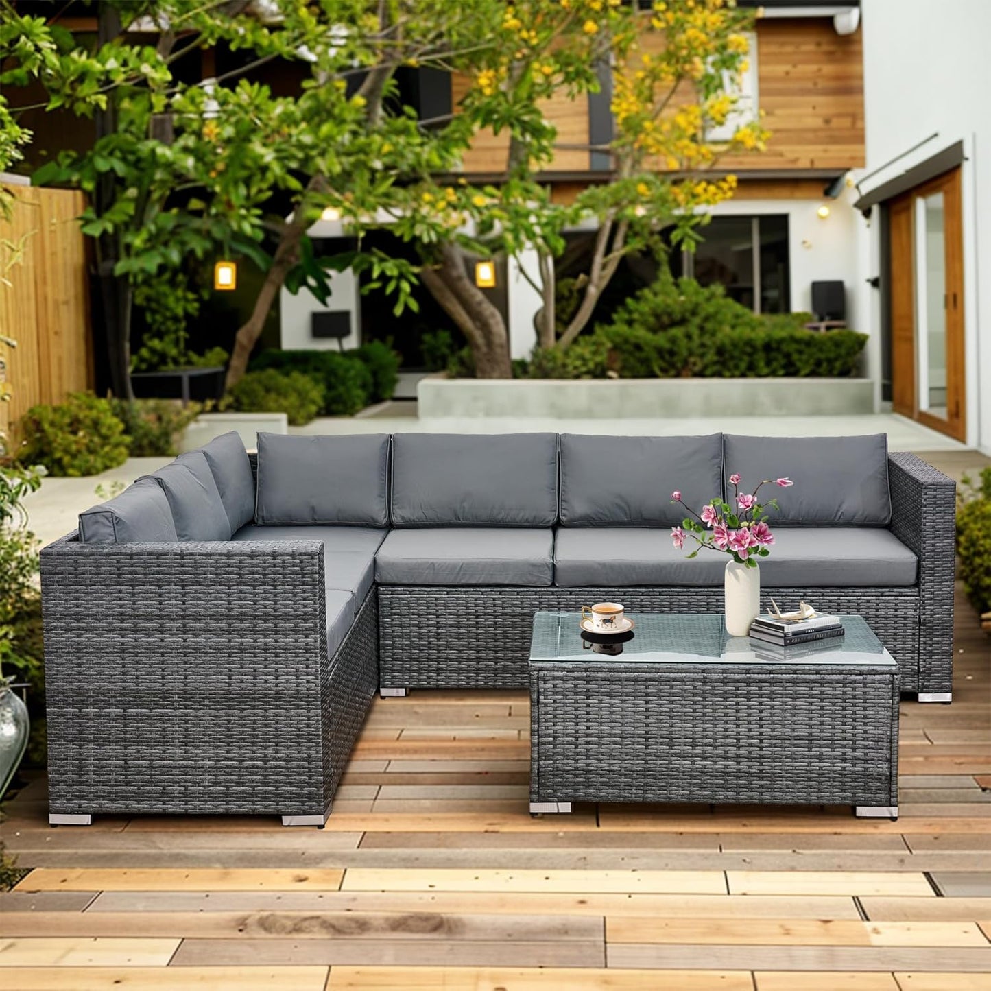 Aweather 6 Seater Rattan Corner Sofa Set Rattan Garden Furniture Set All-Weather PE Rattan Wicker Patio Conversation Set with Modern Glass Coffee Table and Washable Cushions (Gray)
